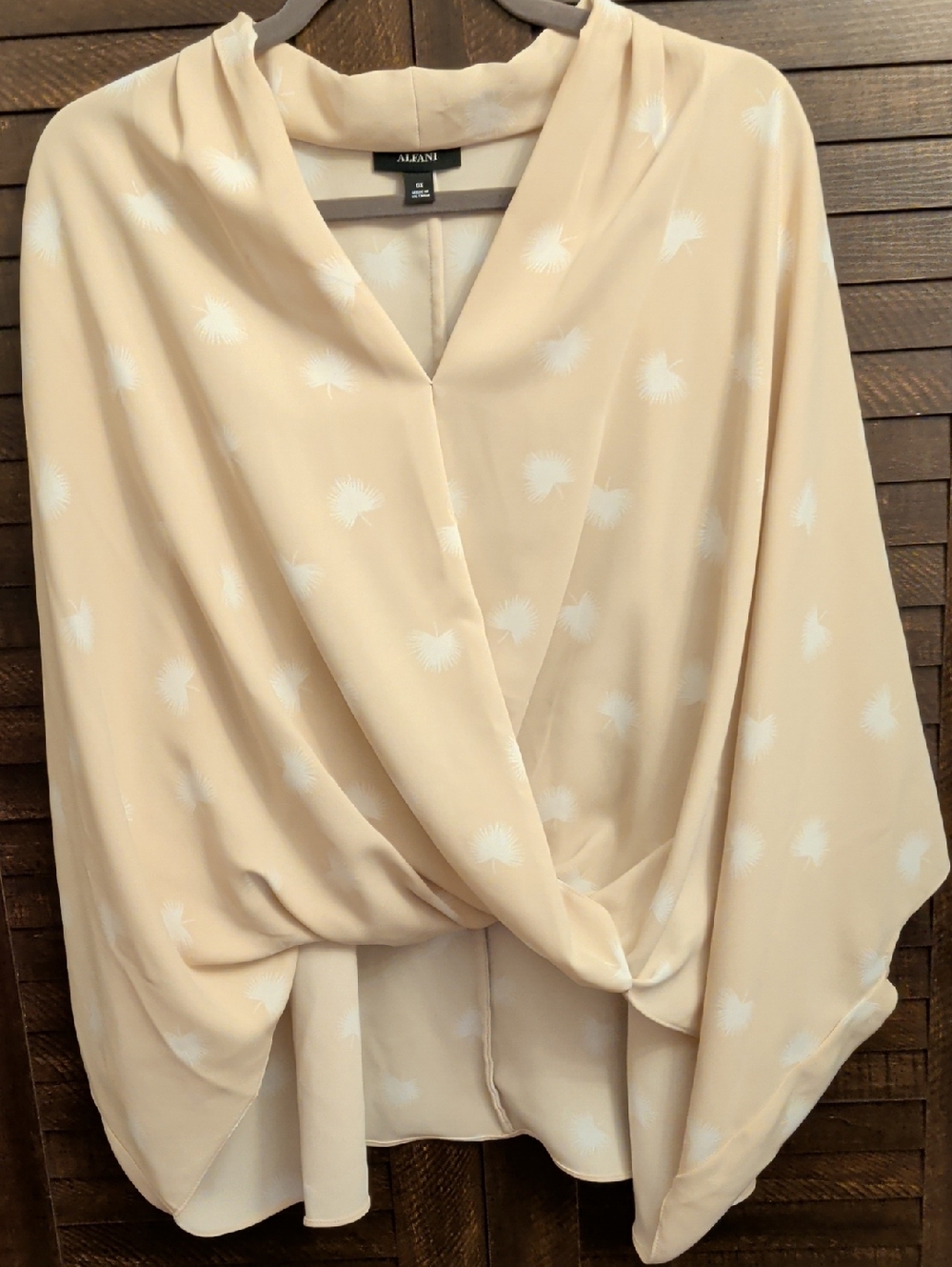 Alfani Beige Wrap-Front Blouse with White Palm Leaf Motif